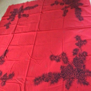 Stunning Red with Black Pine one Spray 52&quot;x44&quot; Square Christmas Holiday/Winter Linen Tablecloth