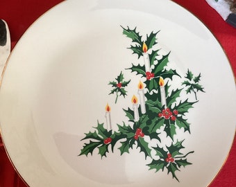Four Stunning Rare Mid Century Ivory Christmas Dinner Plates with Candles and Holly Design and Gold Trim