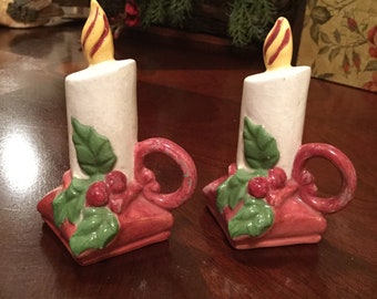 Old Ceramic Candle Holder Salt and Pepper Shakers Christmas Holiday Holly Berry