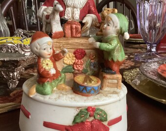 Ceramic Rotating Musical Santa and Elves Toys/Workbench Decoration