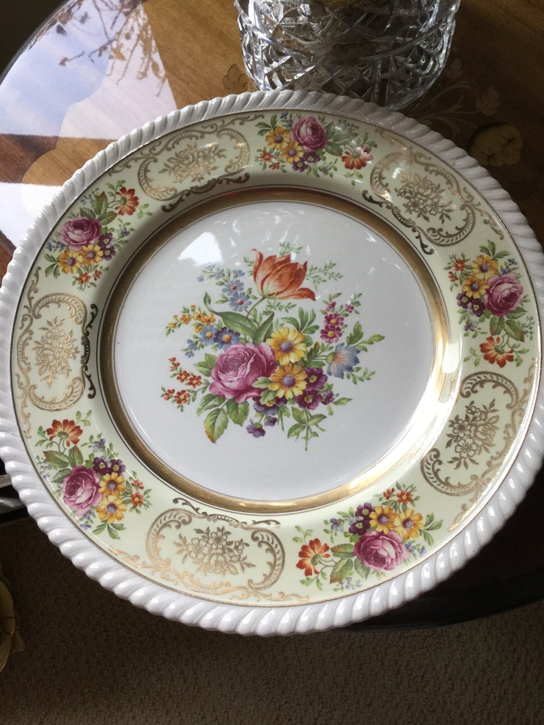 Four RARE-Vintage Johnson Brothers England-BY-Belford-Dinner Plate/Dish-Gold Floral/Roped Edge image 2