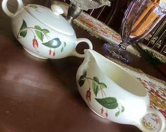 1955-56 Salem China Primrose/Turks Cap Red Flower Creamer and Sugar Bowl