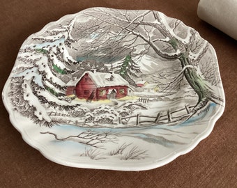 Rare J&G Meakin Staffordshire England Welcome Home Winter Scene Square 6.75" Plate-Red Barn/Tree/Snow/Farm