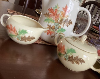 With Teapot-Five Piece-Salem/Crooksville China Iva-Lure Colorful Fall Autumn Leaves/Leaf Acorns  Teapot/Sugar Bowl with Lid/Creamer Set-Rare