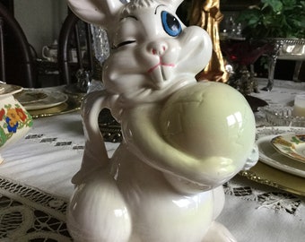 1985 Atlantic Mold Ceramic 9 1/2” Tall Easter Bunny/Rabbit and Egg Decoration/Figurine