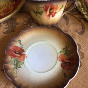 Antique Limoges France Red Poppy on Brown Porcelain Teacup and Saucer/Coffee Cup image 2