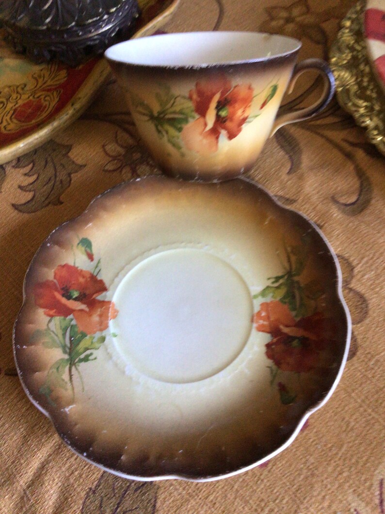 Antique Limoges France Red Poppy on Brown Porcelain Teacup and Saucer/Coffee Cup image 2