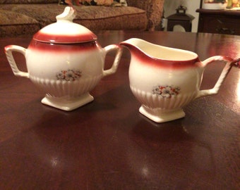 Extremely Rare Royal China Company USA Rio Rita Sugar Bowl  Lid and Creamer Pitcher Ivory Red Gray