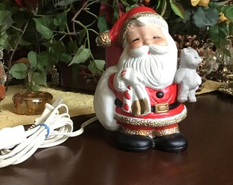 1970's Painted Ceramic Christmas Holiday Santa and Teddy Bear Nightlight/Lamp/Light