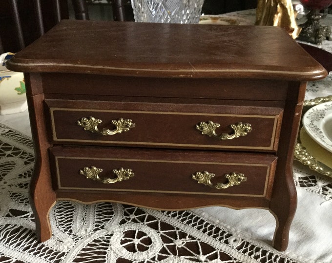 Vintage Japan Brown/gold Wood One Drawer/lid Footed Musical Jewelry Box