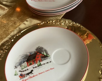 Five 8.25" Farm Scene/Barn/Sleigh/Horse May All Your Christmas Dreams Come True White Porcelain Snack Plates-Japan