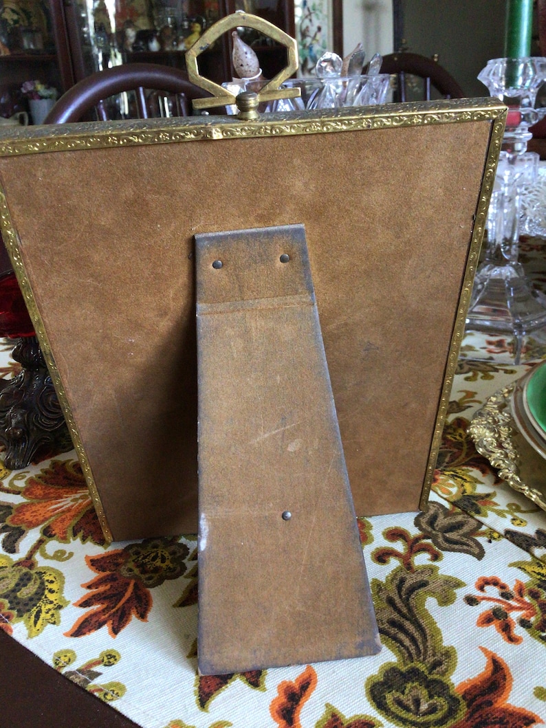 Old Tabletop Picture Frame with Brown Crushed Velvet Backing and Ornate Metal Frame and Glass