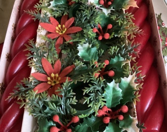 Emkay 9.5" Red Twist Wax Candles with Plastic Holly/Berry/Greenery Decoration/Centerpiece