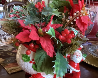 9"x5"x3" Ceramic Relpo Japan Christmas Santa Sleigh Planter with Plastic Floral Arrangement
