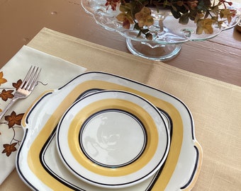 10" Square Tab Handled Crown Staffordshire Charger and Cake Plate-Ivory/Yellow/Brown Stripe