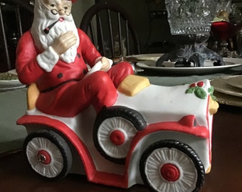 Flambro Fine Porcelain Musical Santa in Old Car-Here Comes Santa Claus