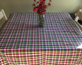 75 1/2” x 53 1/2” Vintage Vivid Colorful Checked Cotton Tablecloth Beautiful Burgundy/Celery/Forest Green/White