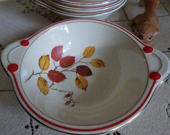 Very Rare TST-Taylor Smith Taylor Autumn-Red/Yellow Leaves/Platinum/Red Trim-Lugged/Tabed/Handled Cream Soup Bowls