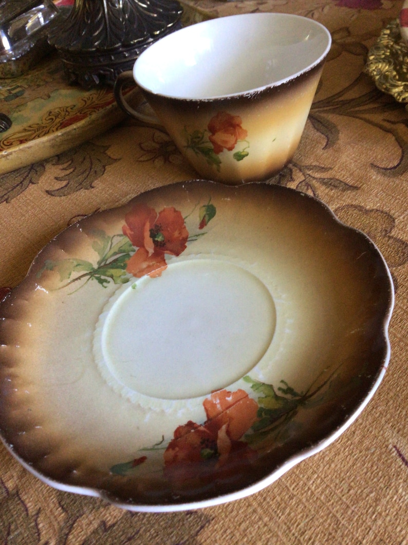 Antique Limoges France Red Poppy on Brown Porcelain Teacup and Saucer/Coffee Cup image 5