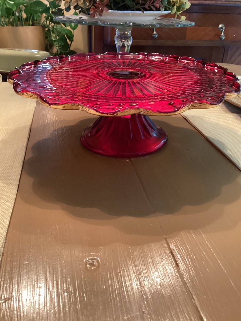 One Gorgeous LE Smith-EAPG-Glass-Red & Gold-9.75 Fluted Round Cake Stand/Plate image 2