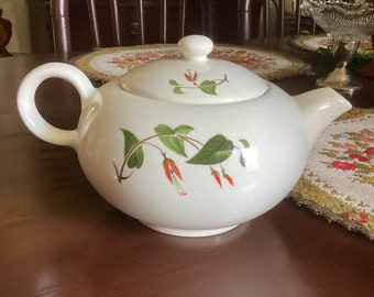 Rare 1957 Salem China Primrose Turks Cap Four Cup Teapot and Lid-Red Flower/Green Leaves on Ivory