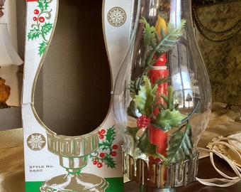 Holiday Lite  Company Lovely Metal Glass and Plastic Christmas Electric Hurricane/Lantern Lamp in Original Box