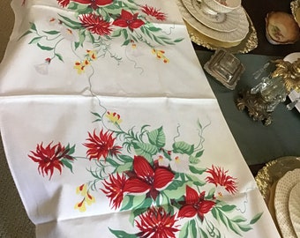 Gorgeous Linen Table Runner/Cloth Red/Yellow/White Flowers and Green Leaves-33 1/2" x 17 1/2"