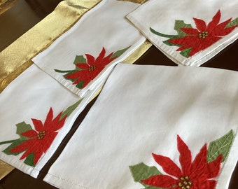Set of Four 15" Square Bright White Cotton Christmas Napkins with Red Poinsettia Flower