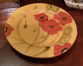 Four Saks Fifth Avenue Ambiance Nanette Vacher Fleur Rouge 10.5" Red Poppy/Gold Terra Cotta Dinner Plates