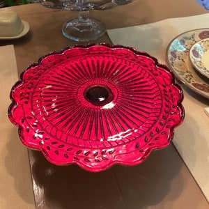 One Gorgeous LE Smith-EAPG-Glass-Red & Gold-9.75 Fluted Round Cake Stand/Plate image 1