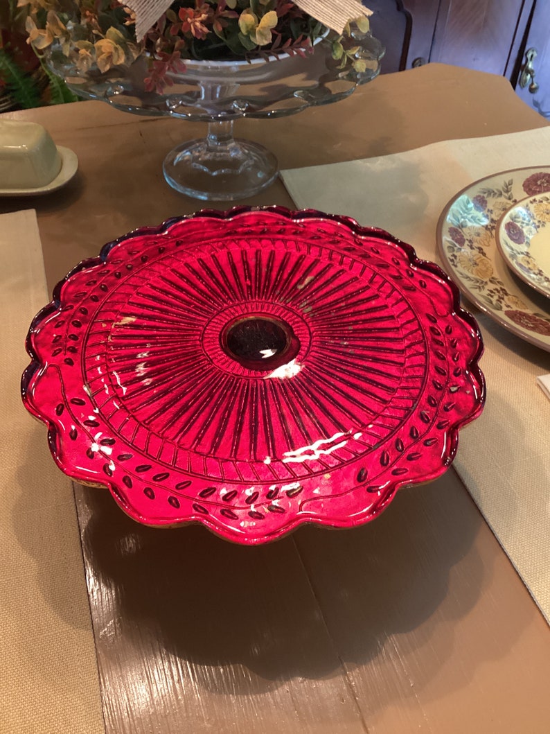 One Gorgeous LE Smith-EAPG-Glass-Red & Gold-9.75 Fluted Round Cake Stand/Plate image 1