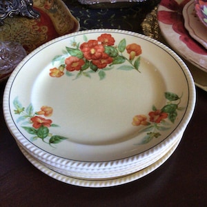 May include: A stack of white ceramic dinner plates with a yellow rim and a floral design featuring orange and red flowers. The flowers are on a green vine with green leaves.