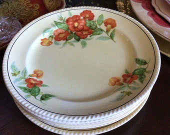 Six-Vintage Sebring Pottery Company-The Jasmine-Golden Maize/Maire-Red/Yellow/Orange Flower Nasturtium Dessert Plates