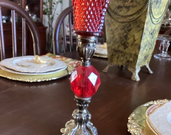 11" Tall Mid Century Metal Candle Holder with Red Lucite/Plastic Bead and Red Glass Candle Cup