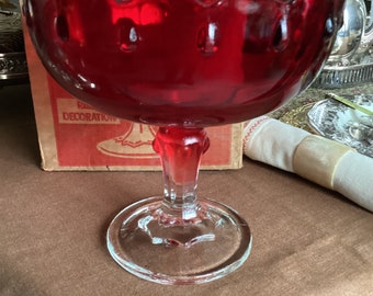 7.5"x7.5" Ruby Red Indiana Decorative Bowl on Clear Glass Pedestal Teardrop with Original Box