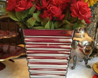Gorgeous Silver Chrome over Glass Square Flower Vase-8” Tall x 5 1/2”