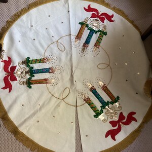1960's Large Bucilla 45" Ivory Felt Handmade Christmas Tree Skirt-Gold Fringe/Sequined Candles and Ribbon-Stunning