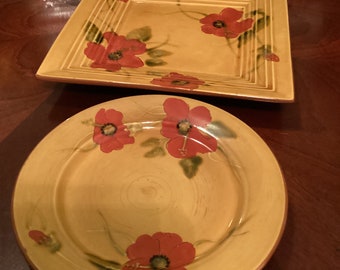 Four Saks Fifth Avenue Living Quarters Fleur de Paradis Red Poppy/Gold Terra Cotta Salad Plate/Square Platter