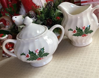 Mid Century Scio Pottery Company Ohio-Christmas White Ribbed Holly Berry Creamer & SugarBowl with Lid