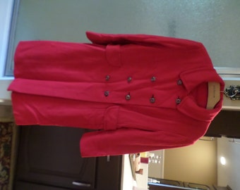 Vintage Saks Fifth Avenue-Womens Lined Winter Overcoat/Coat-Tomato Red/Metal/Stone Buttons-Kingsly-Wool Blend-Medium