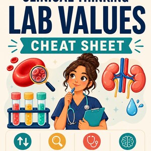 May include: A clinical thinking lab values cheat sheet for student nurses. The document features illustrations of blood cells, kidneys, and test tubes, with text including "STUDENT NURSE STUDY AID," "CLINICAL THINKING," and "LAB VALUES CHEAT SHEET."