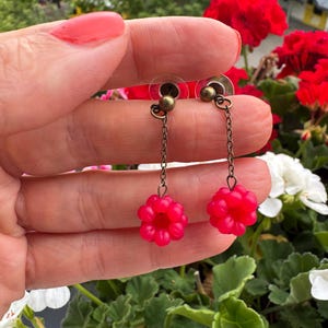 Raspberry earrings made of polymer clay, handmade miniature stud earrings with a bronze-colored chain