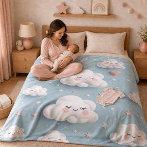 Blue Cloud Sherpa Fleece Blanket, Kawaii Sky Throw for Bedroom Decor