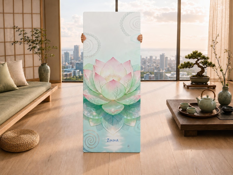 Personalize, Non-slip Rubber Mat, Lotus Flower Art, Pastel Watercolor ...