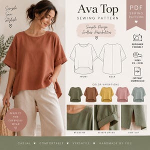 Peut inclure: Un patron de couture PDF pour le haut Ava, présentant un chemisier ample avec une encolure ronde, des manches courtes à revers et des fentes latérales. Le document inclut des dessins techniques du devant et du dos, des variantes de couleurs.