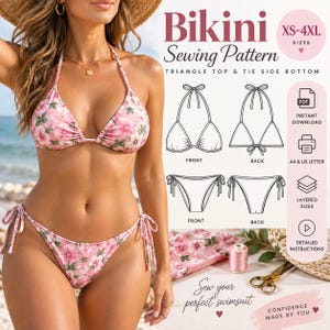May include: A digital sewing pattern for a bikini featuring a triangle top and tie-side bottom. The image displays a pink floral bikini, technical line drawings of the front and back views, a spool of thread, scissors, and text including Bikini Sewing Pattern, XS-4XL SIZES, PDF, INSTANT DOWNLOAD, A4 & US LETTER, LAYERED SIZES, and DETAILED INSTRUCTIONS.