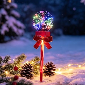 May include: A solar-powered garden stake light featuring a spherical glass globe with etched Christmas tree and reindeer designs, illuminated by multicolored LEDs. The pole is striped like a candy cane and adorned with a red fabric bow.