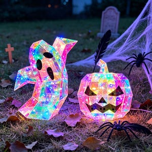 Lampada LED iridescente a forma di fantasma e zucca per Halloween, fantasma geometrico iridescente a forma di zucca, luce di Halloween, spettrale decorazione per feste all'aperto, idea regalo.
