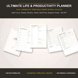Może przedstawiać: Cyfrowy zestaw 15 szablonów planera do druku w formatach A4 i A5, zatytułowany Ultimate Life & Productivity Planner. Białe strony zawierają czarny tekst i linie do planowania dziennego, tygodniowego, miesięcznego, nawyków oraz celów.