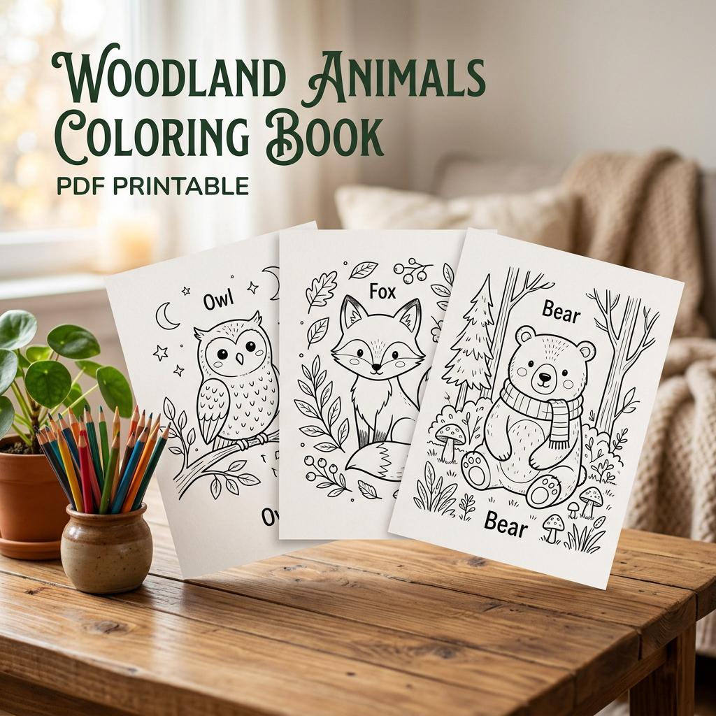 Bold & Easy Woodland Animals Coloring Book, Owl Fox Bear PDF Printable